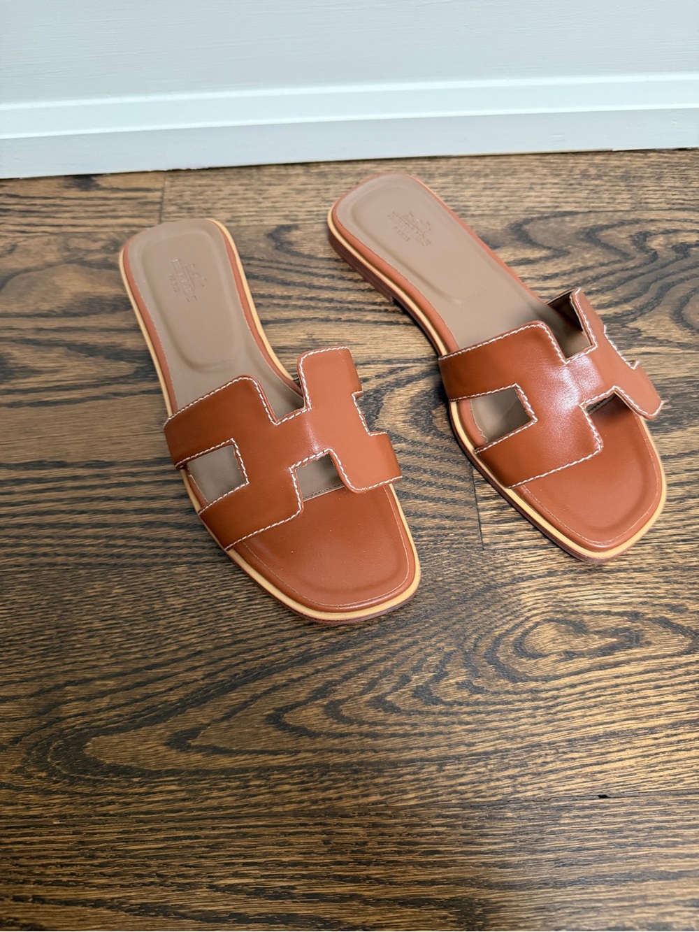 Women's Tan Slide Sandals - Classic Leather Slip-On - size 38